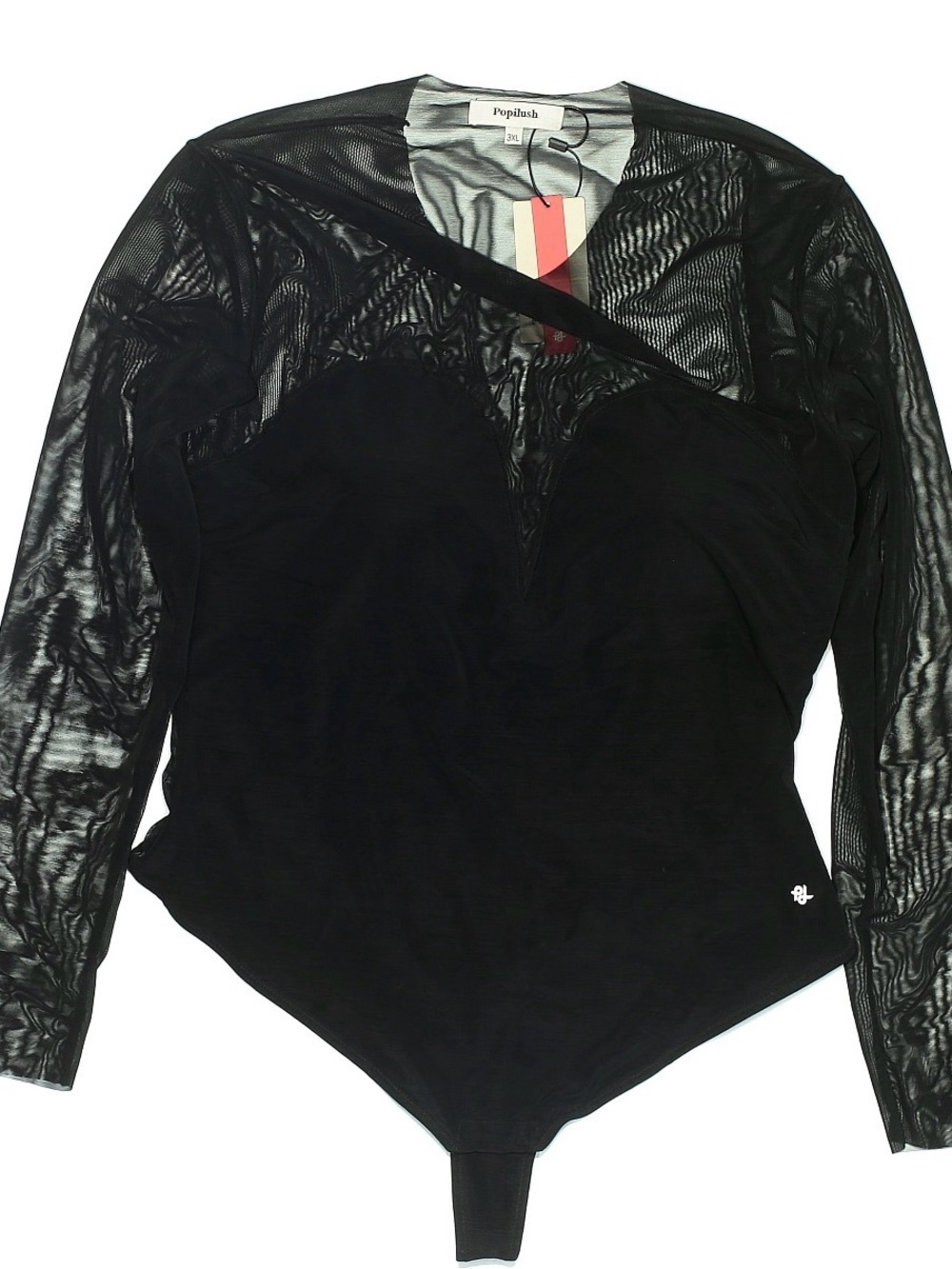 NWT Popilush Sheer Sleeve Black Bodysuit - Women's Long Sleeve Top 3XL - Picture 6 of 9